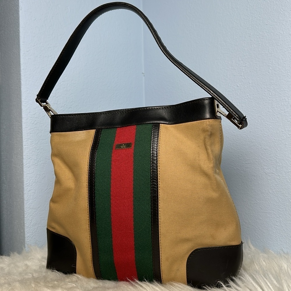 Vintage Gucci Web Stripe Canvas Leather Shoulder Hobo Bag Brown Red Green - Picture 4 of 16